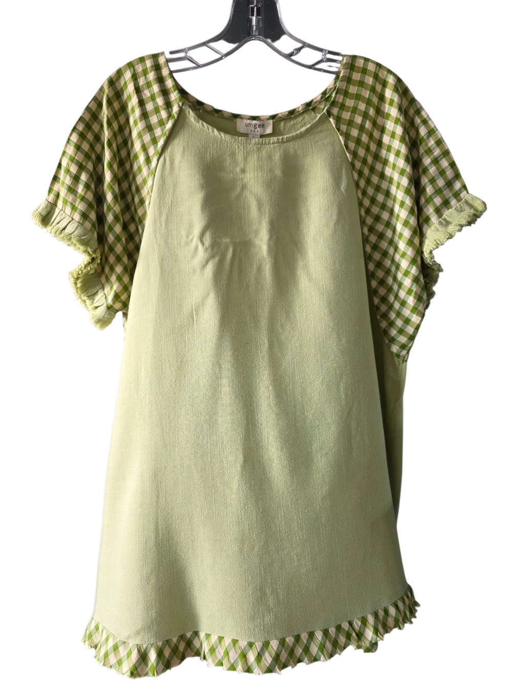 Umgee Light Green Gingham Sleeve Tunic Top Size Large